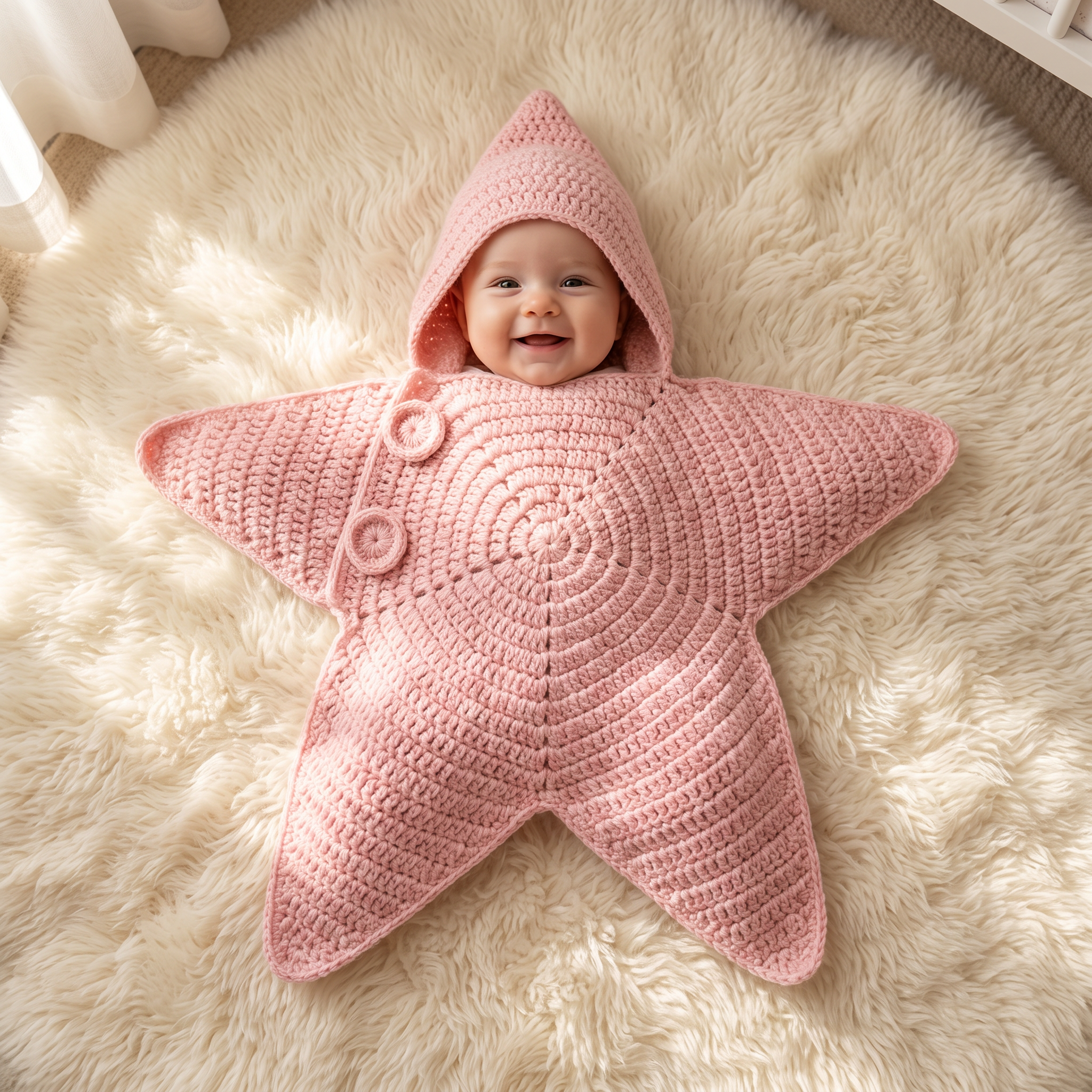 Smiling baby wrapped in a blush pink crochet star baby wrap with the hood up, lying on a cream rug