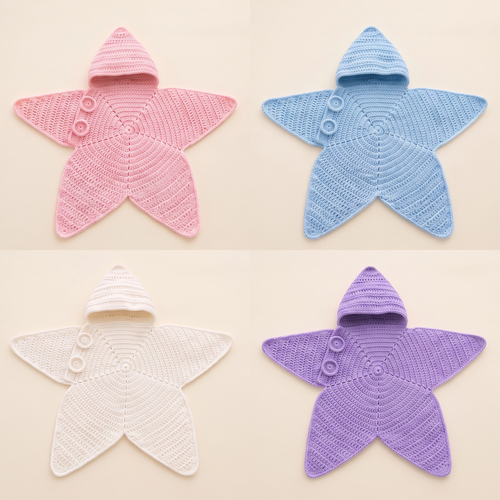 Four hand-crocheted five-point star baby wraps in blush pink, powder blue, cream and lilac, laid flat on a warm cream background