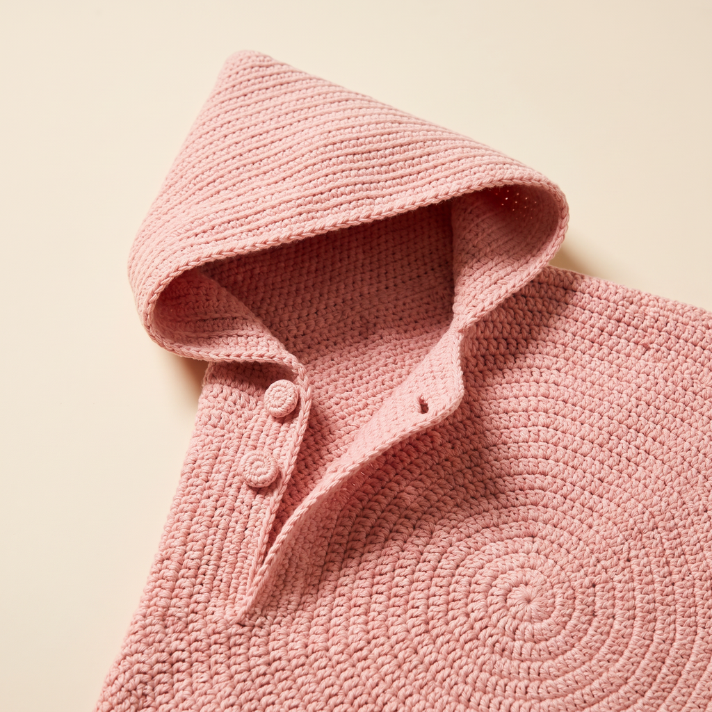 Close-up of the pointed crocheted hood and side opening on a blush pink star baby wrap