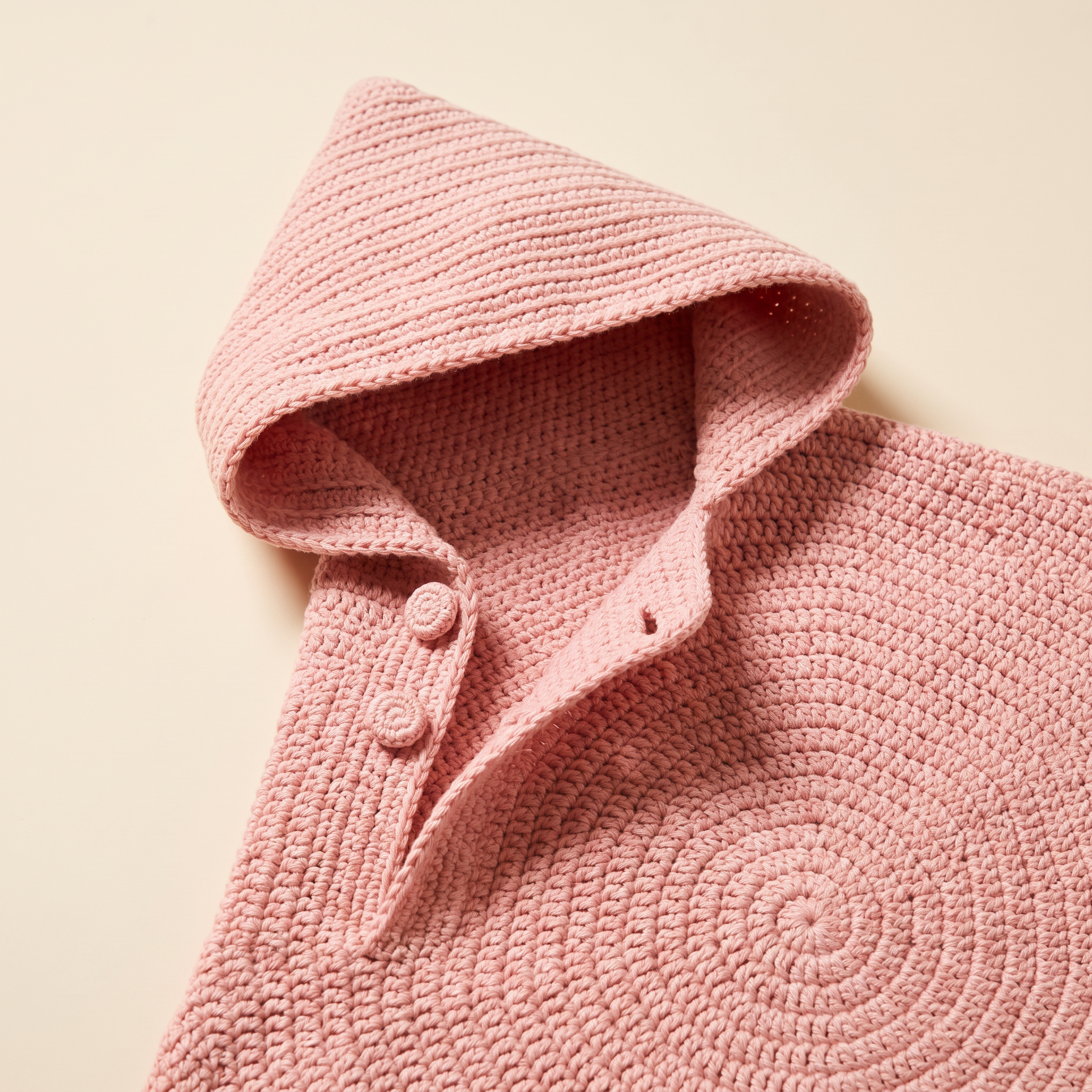 Close-up of the pointed crocheted hood and side opening on a blush pink star baby wrap