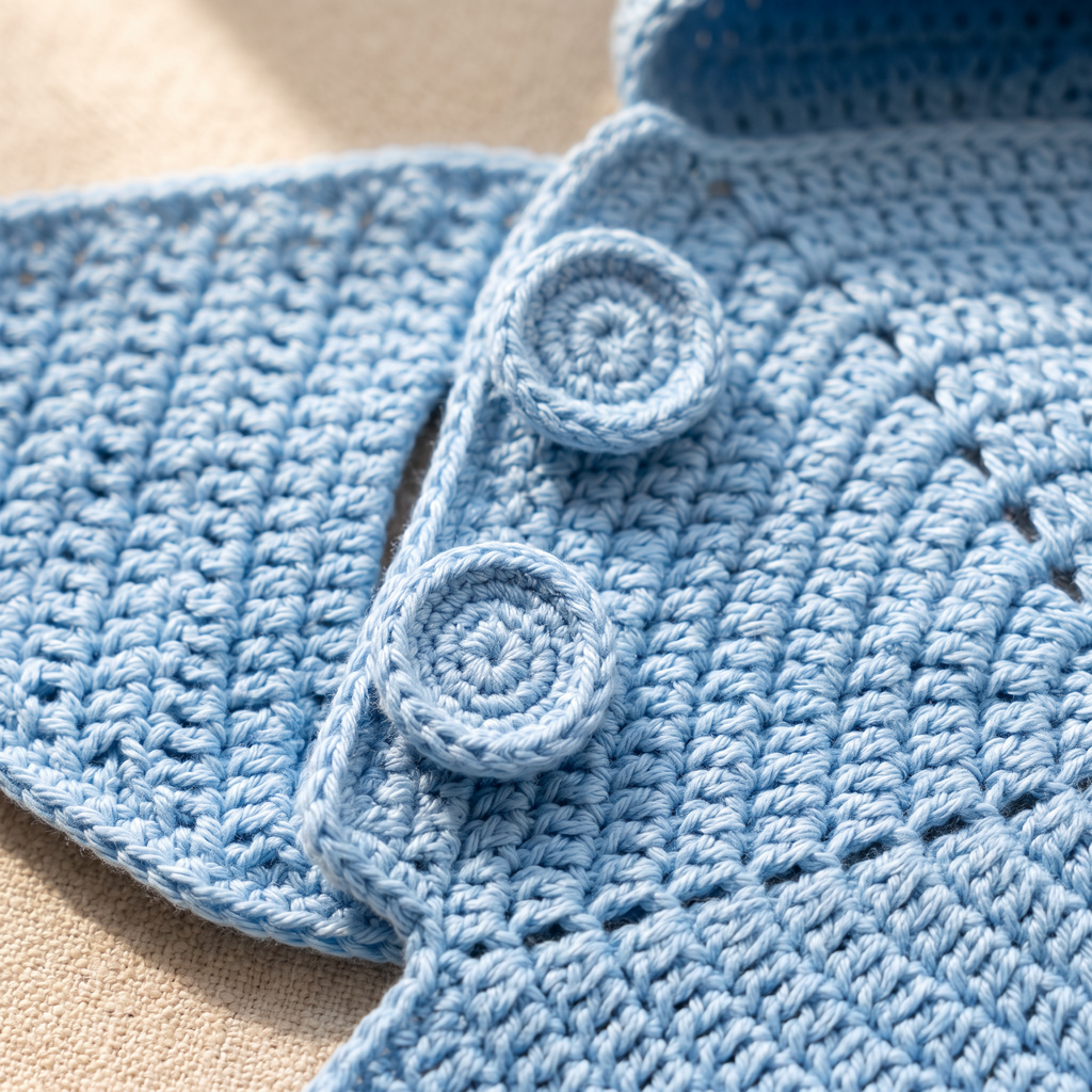 Macro detail of two crochet-covered buttons on the side opening of a powder blue star baby wrap