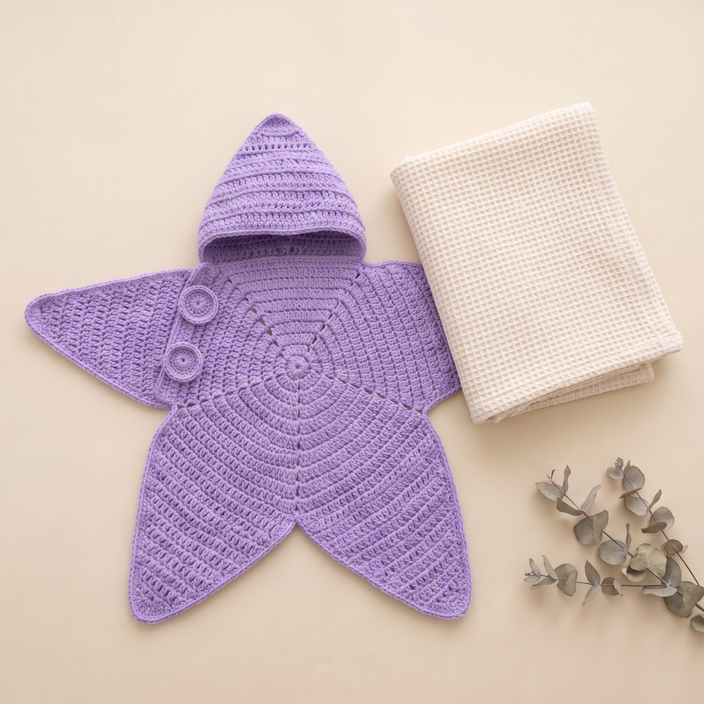 Lilac crochet star baby wrap laid flat beside a folded cream baby blanket for size reference