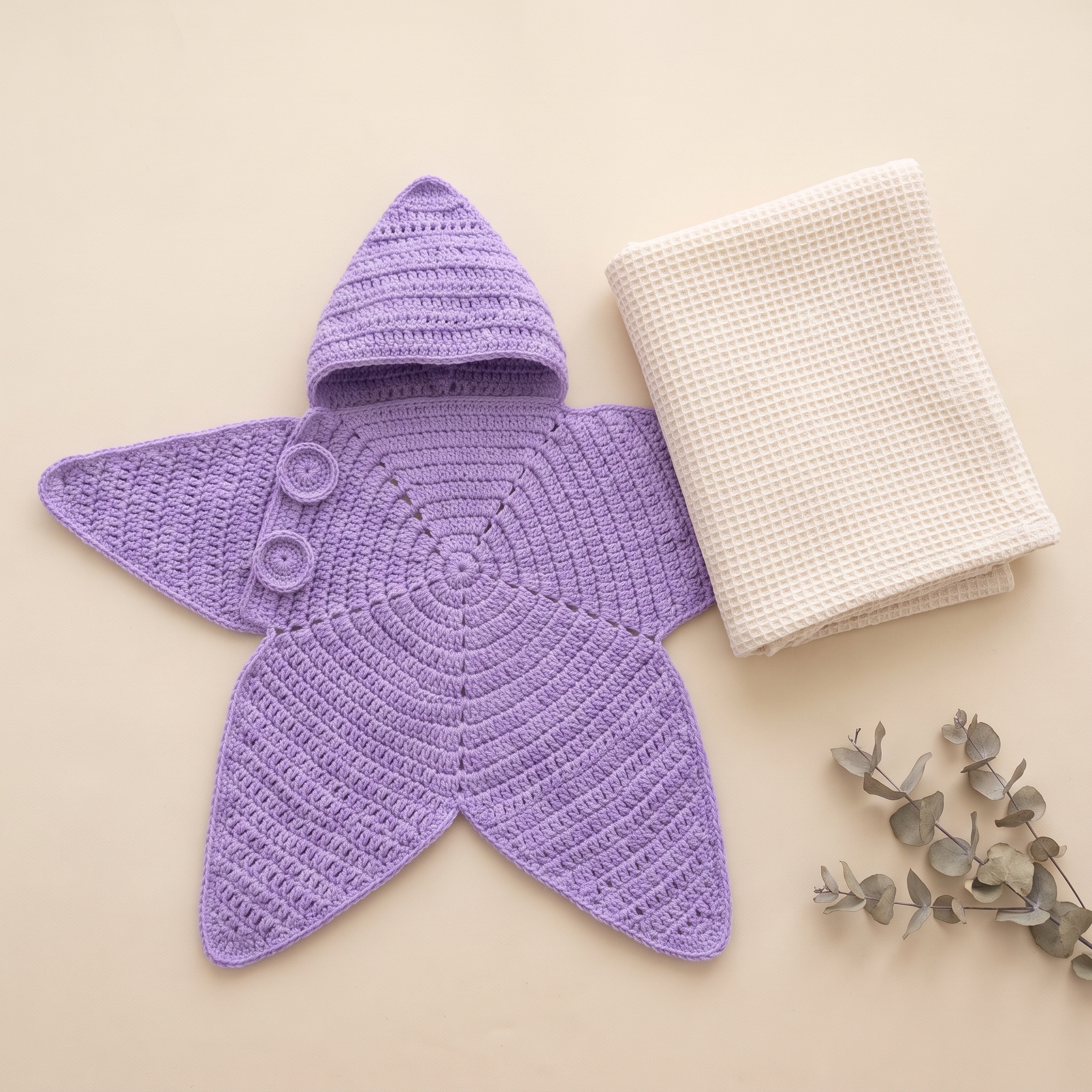 Lilac crochet star baby wrap laid flat beside a folded cream baby blanket for size reference